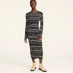 J. Crew Knit Ribbed Sweater Dress Mixed Stripe Bell Sleeve-  Black Ivory - NWT